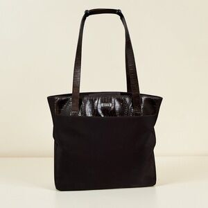 Lauren Ralph Lauren Brown Croc Embossed Tote Bag Patent Trim Large Shoulder Bag